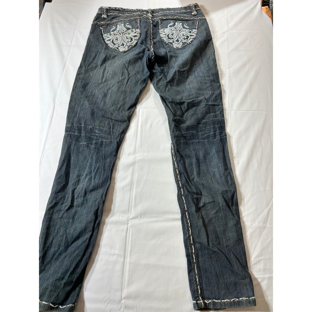 Dereon Womens Bootcut Jeans 9/10 Dark Embroidered Studded Y2K Contrast Stitch